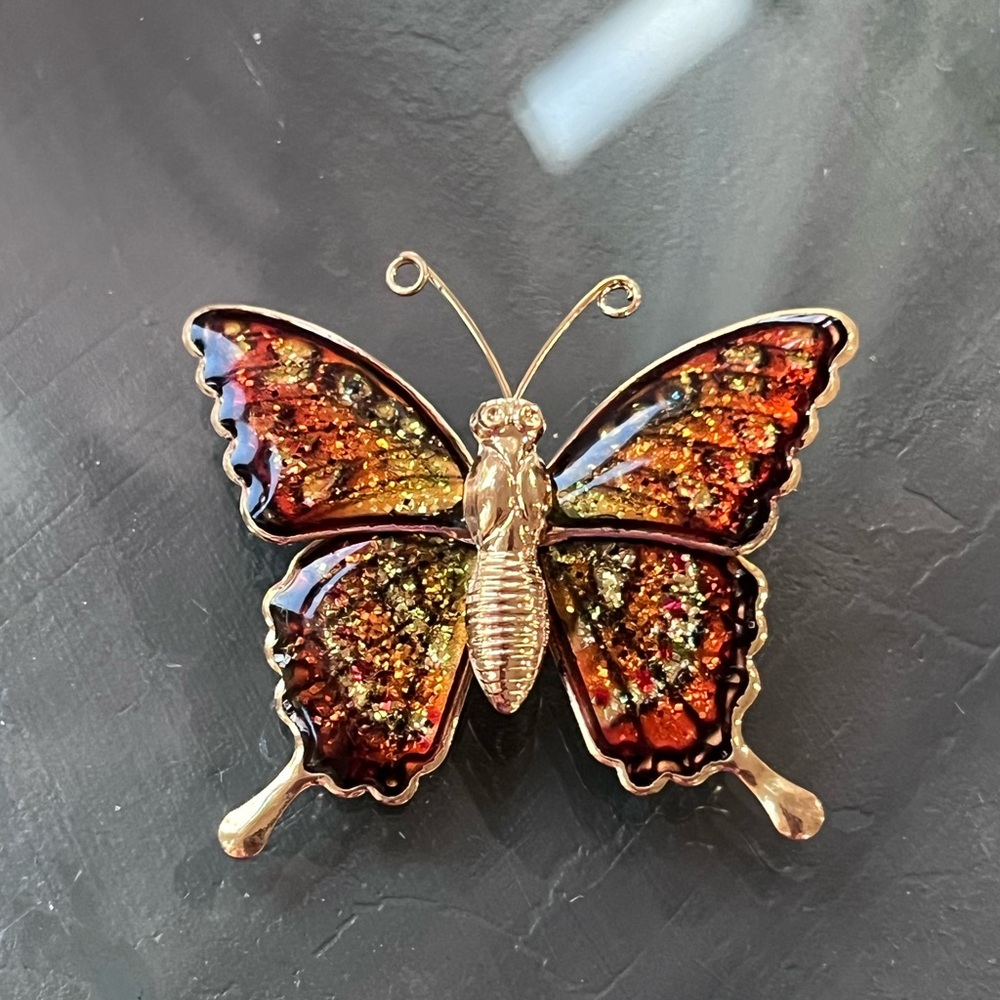 Gold-Tone Vintage Interpur Butterfly Brooch with Amber Glitter Enamel